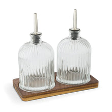 Load image into Gallery viewer, Fluted Glass Cruets w/ Acacia Base
